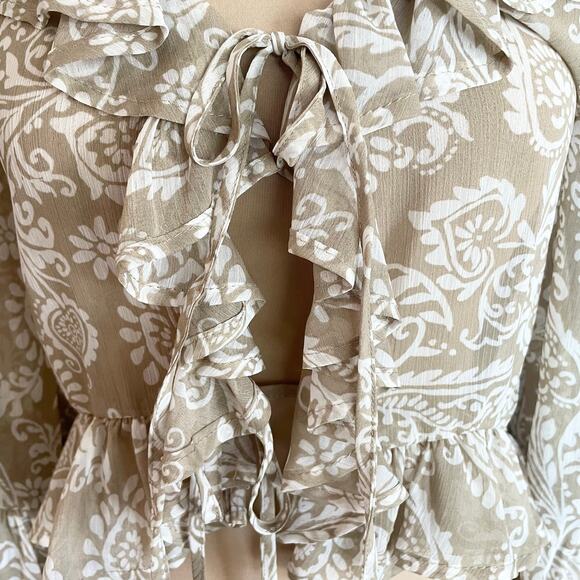 Love Is For Eternity Tan White Paisley Ruffled Tie Front Top MEDIUM Fairy Boho - Picture 6 of 8